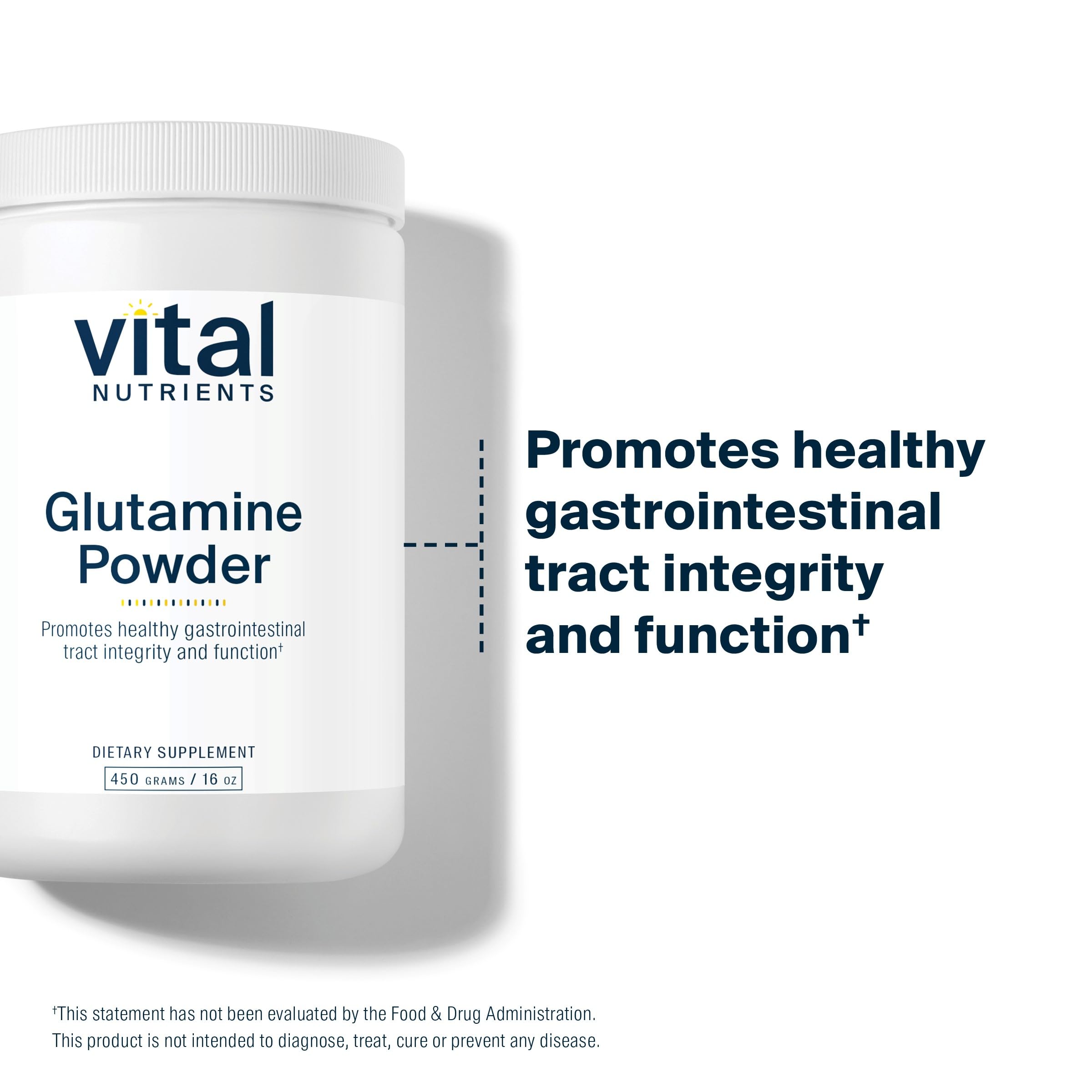 Vital Nutrients Glutamine powder closeup of ingredient shelf signals purity and non-GMO quality