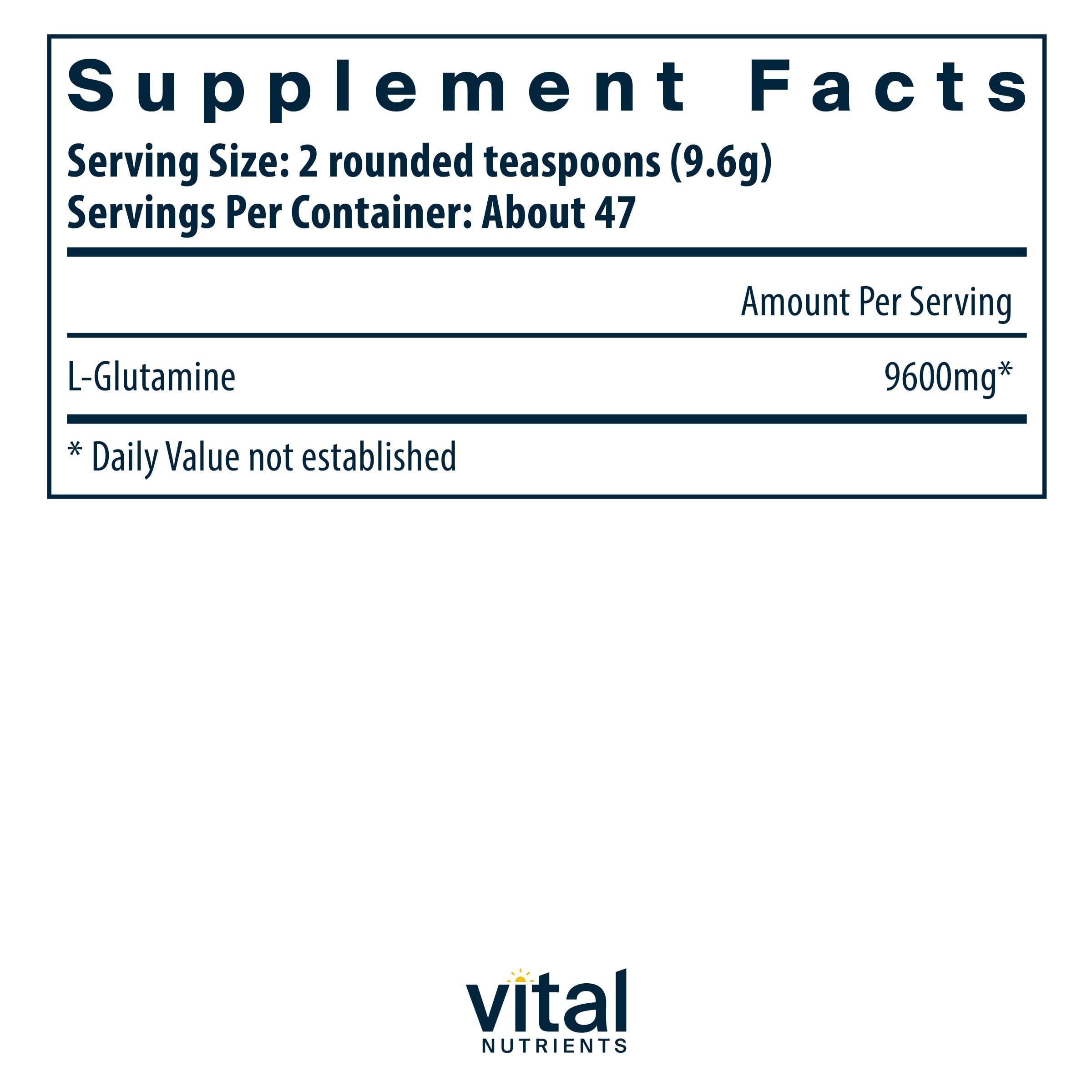 Vital Nutrients Glutamine powder scoop dispense highlights convenient dosing