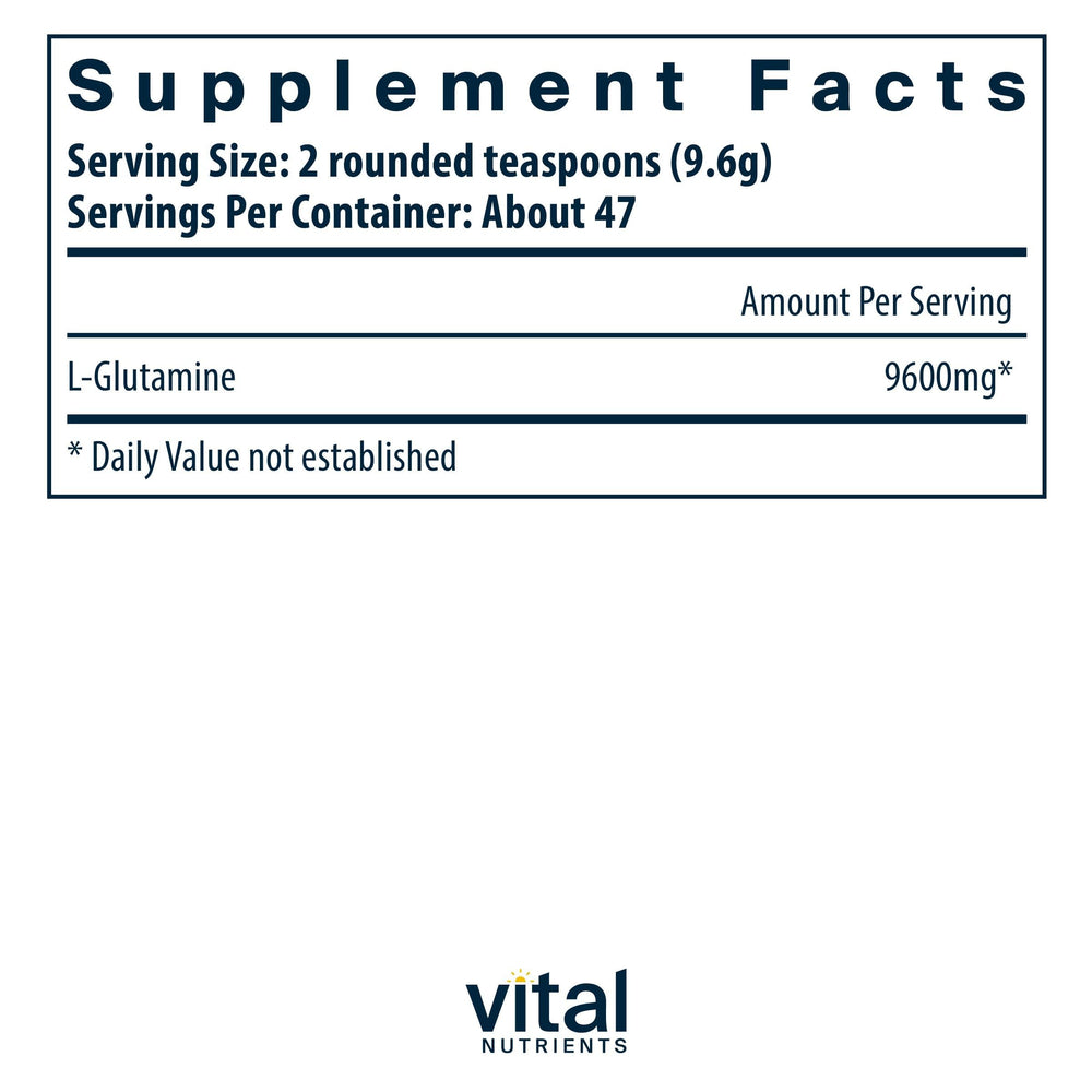 Vital Nutrients Glutamine powder scoop dispense highlights convenient dosing