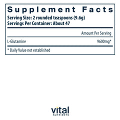 Vital Nutrients Glutamine powder scoop dispense highlights convenient dosing