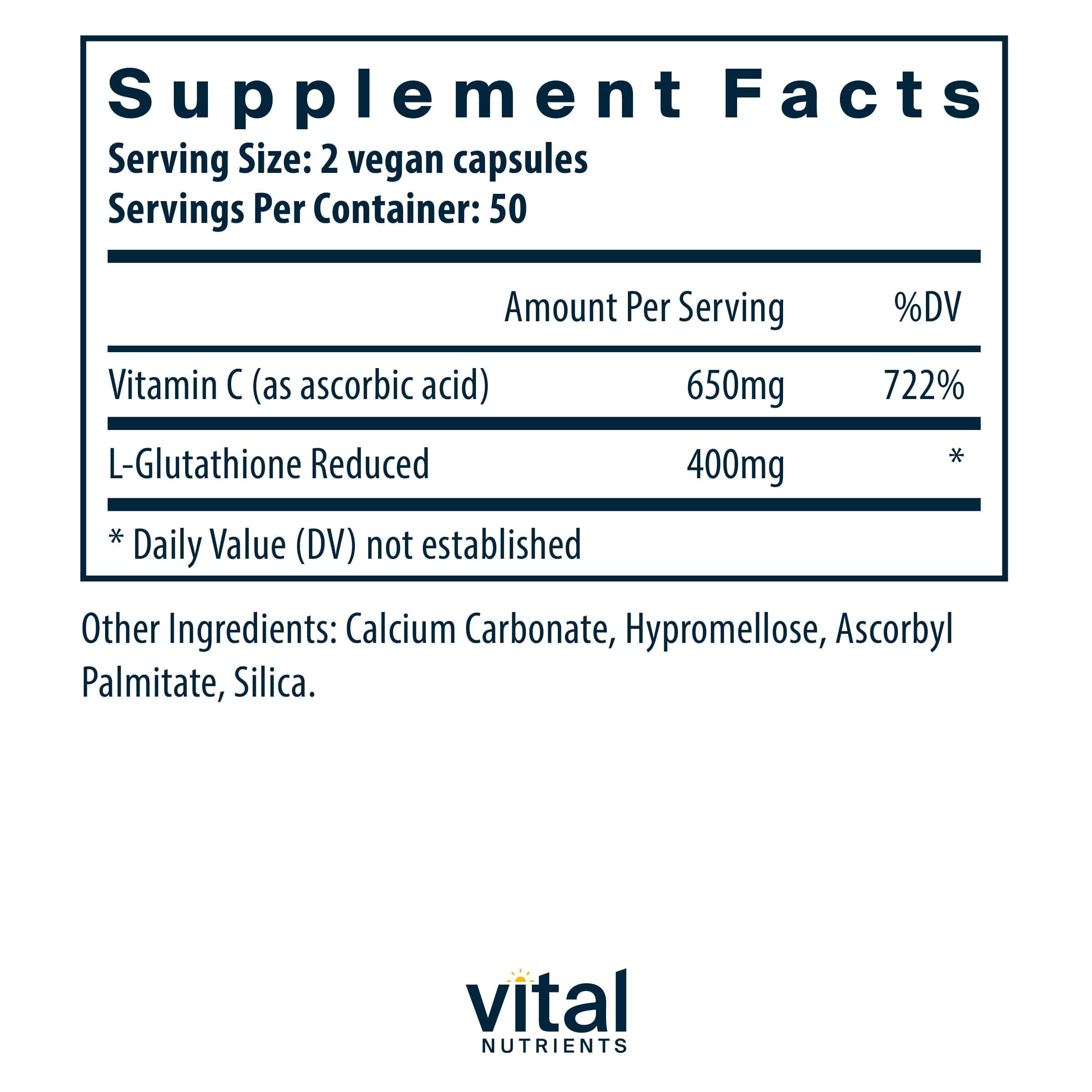 Vital Nutrients Glutathione 400mg bottle and cap showcase vegan allergen-free daily antioxidant support