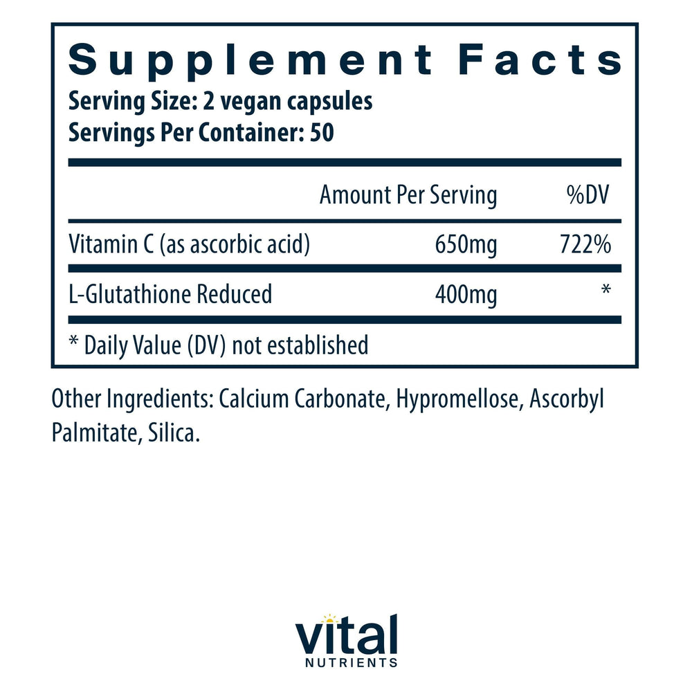 Vital Nutrients Glutathione 400mg bottle and cap showcase vegan allergen-free daily antioxidant support