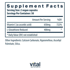 Vital Nutrients Glutathione 400mg bottle and cap showcase vegan allergen-free daily antioxidant support