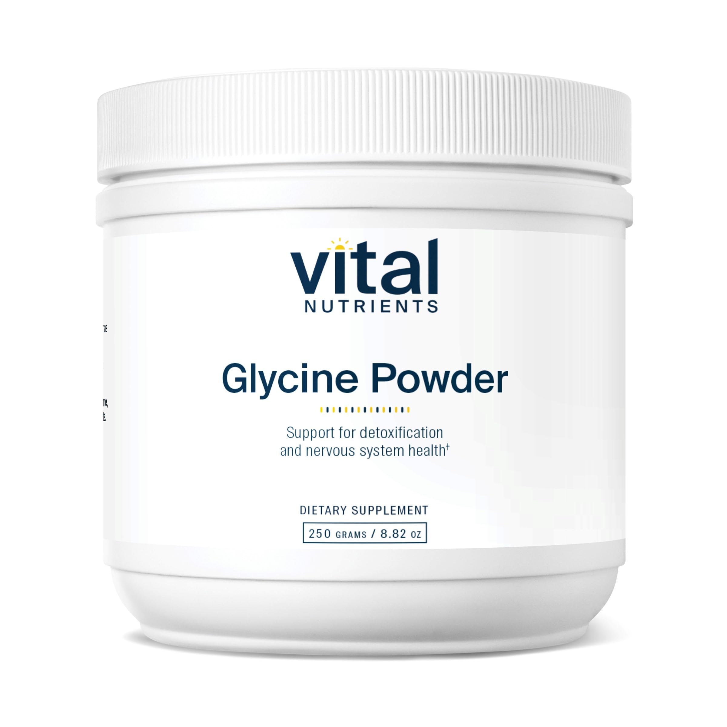 Vital Nutrients Glycine Powder bottle highlighting vegan formula for restful evenings.