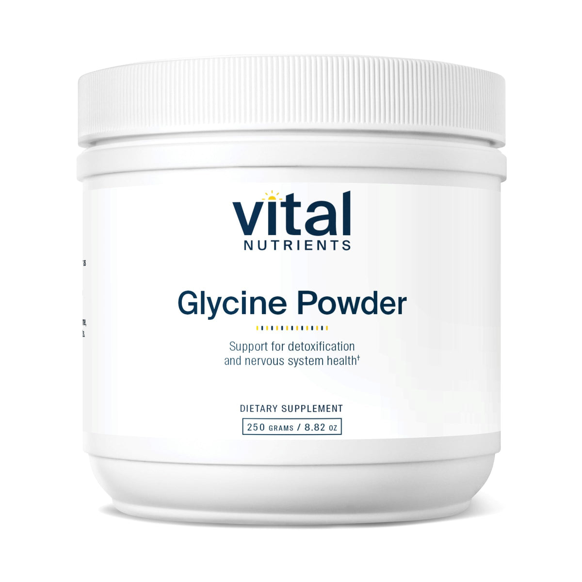 Vital Nutrients Glycine Powder bottle highlighting vegan formula for restful evenings.