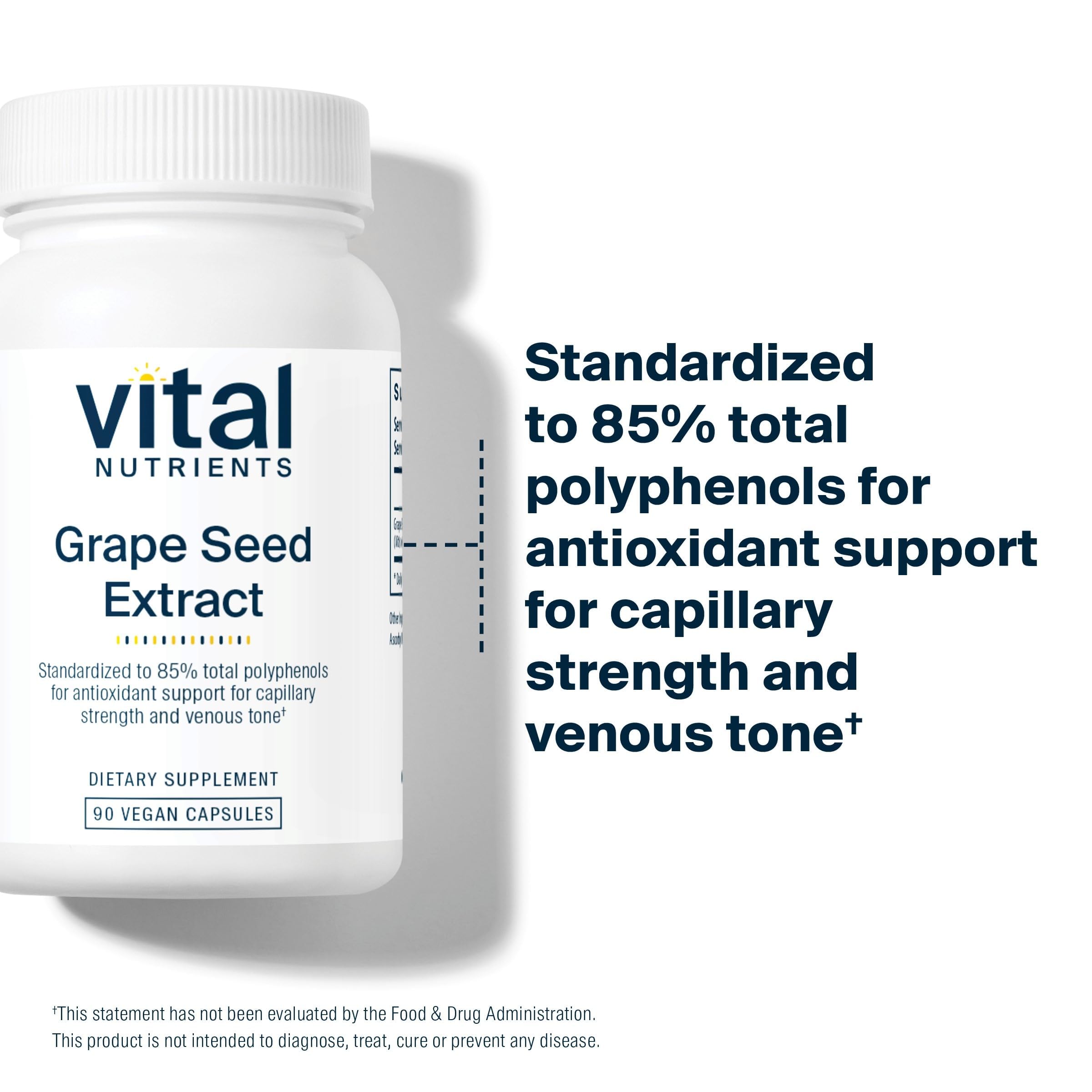 Label detail of Vital Nutrients grape seed extract showing 100 mg per capsule