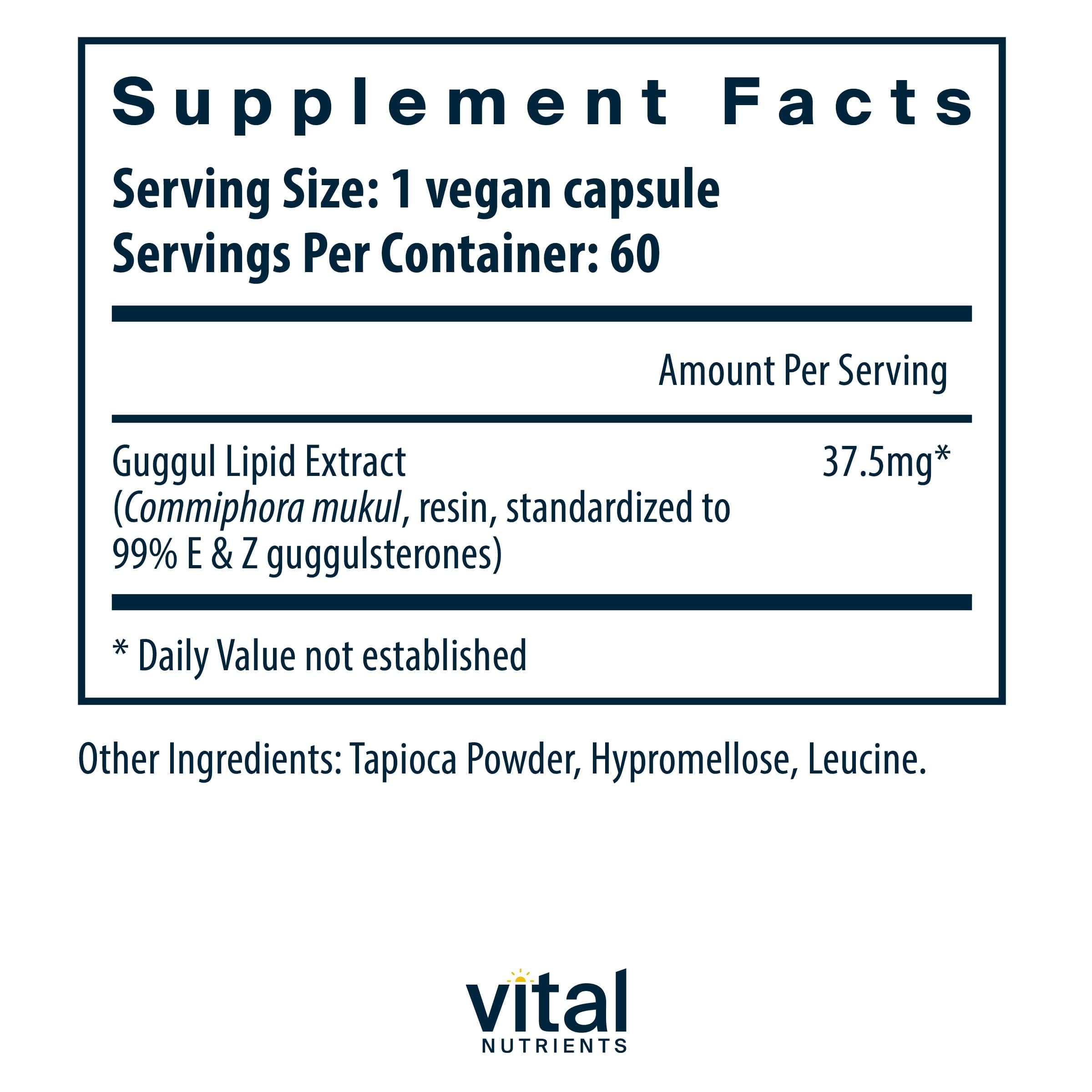 Vital Nutrients Guggul E & Z pills highlighting vegan formula