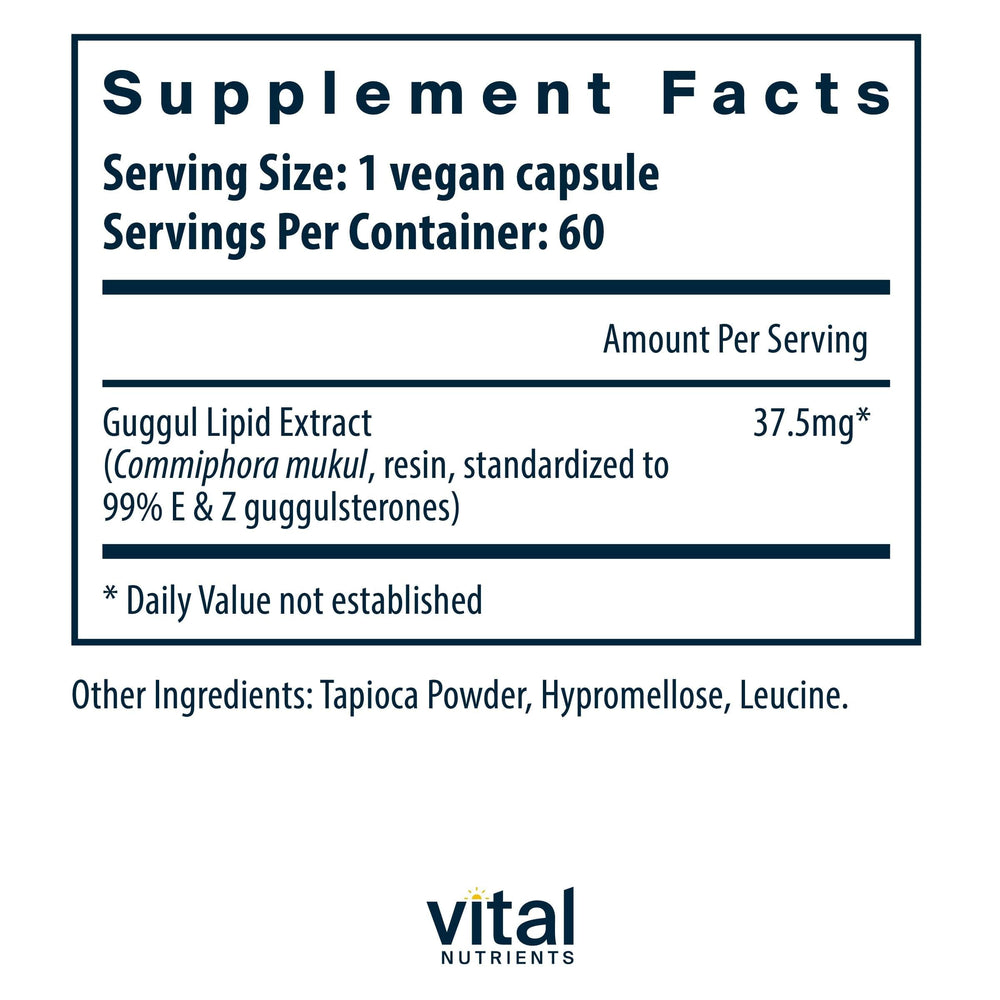 Vital Nutrients Guggul E & Z pills highlighting vegan formula
