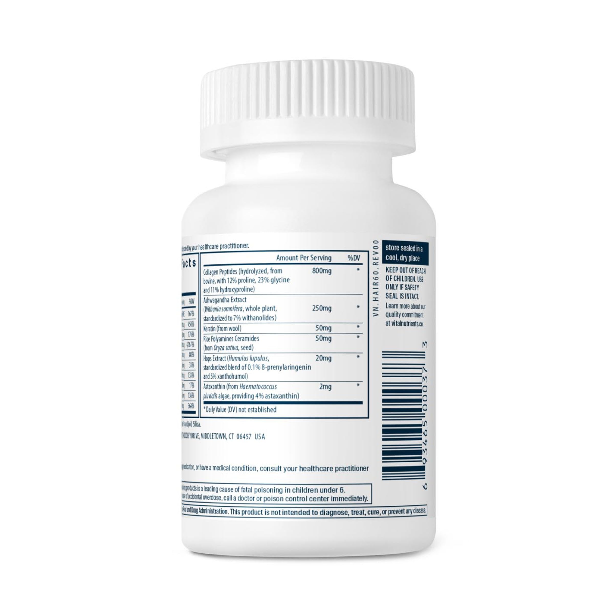 Vital Nutrients hair growth vitamins for women with ashwagandha and hops.