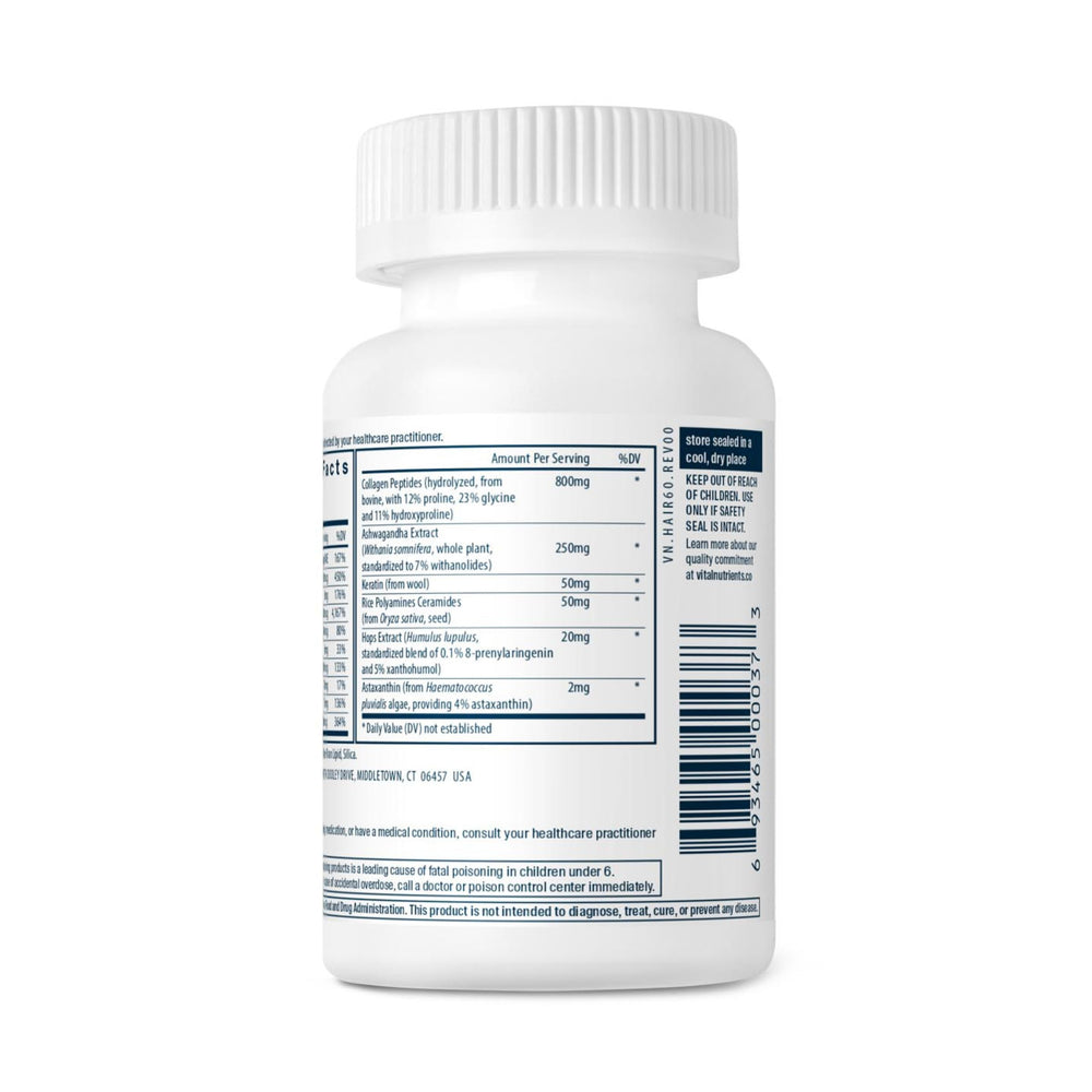 Vital Nutrients hair growth vitamins for women with ashwagandha and hops.