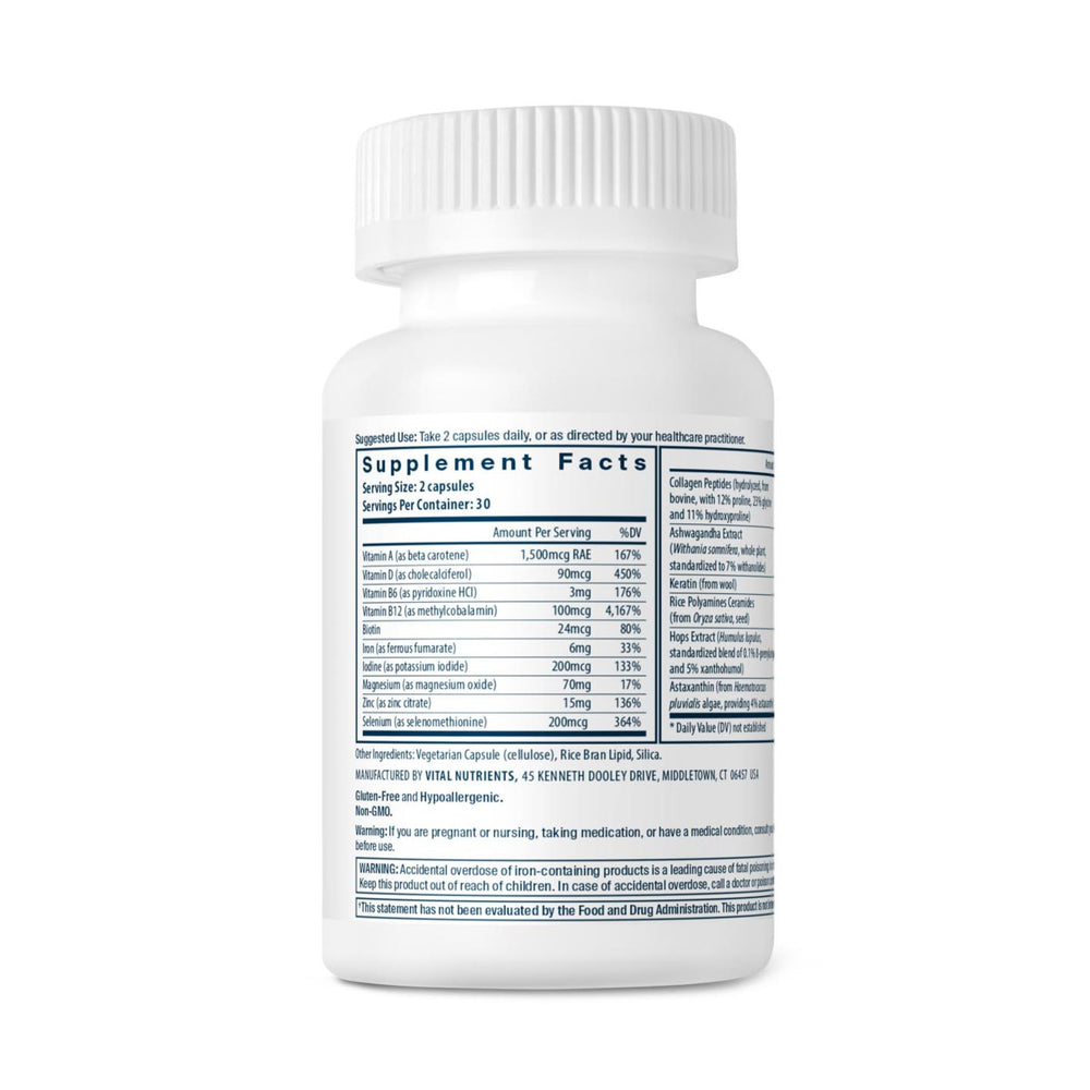 Vital Nutrients hair growth vitamins ingredients panel highlights vegan formula.