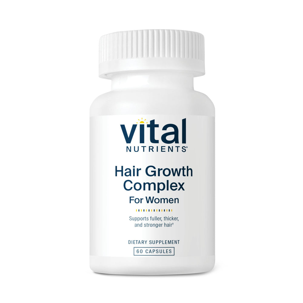 Vital Nutrients hair growth vitamins for women bottle on display, suggesting fuller hair.