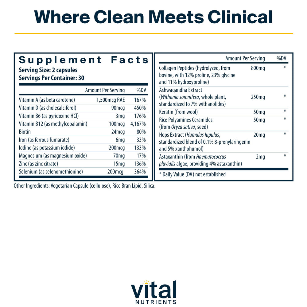 Vital Nutrients hair growth vitamins closeup of pills for hair strength.