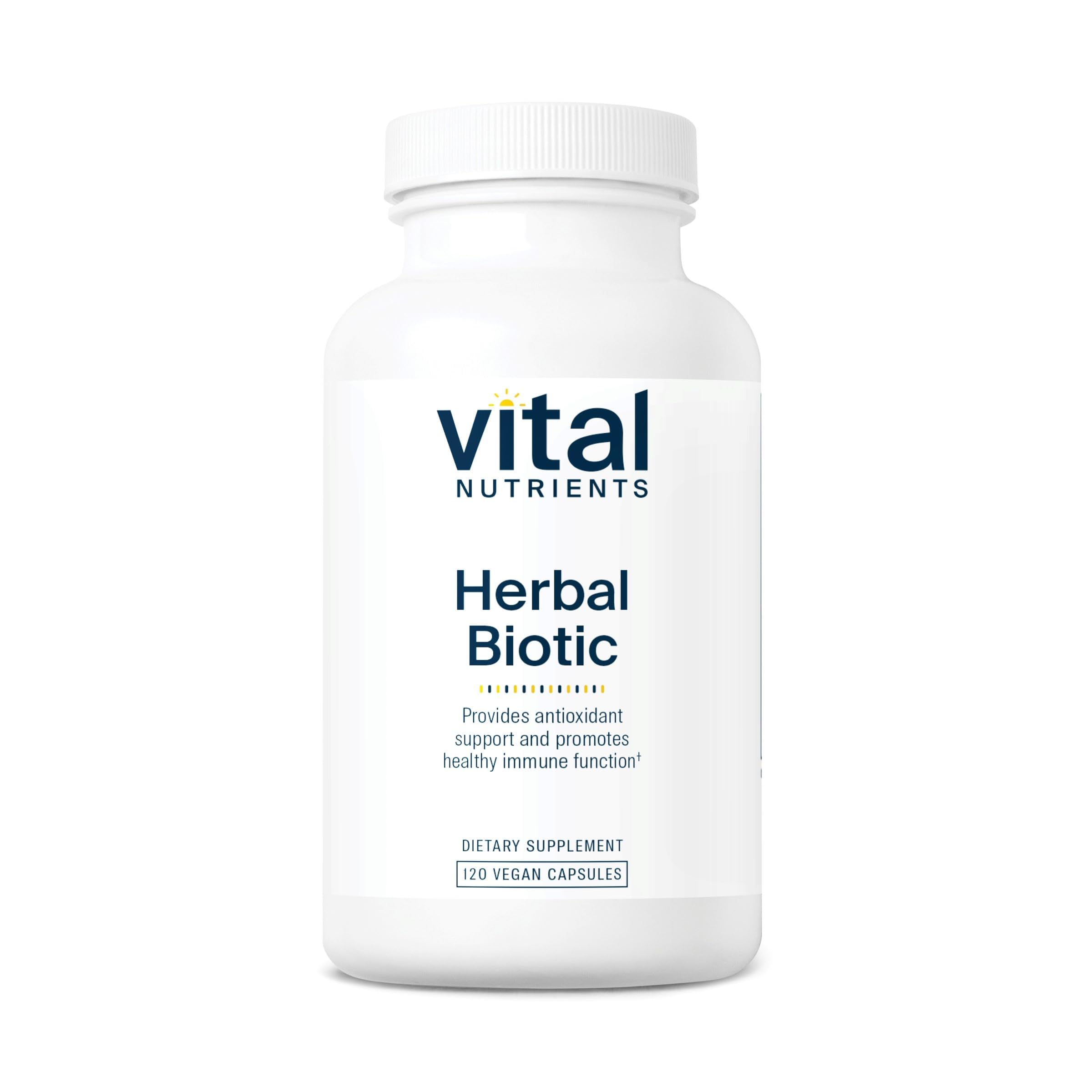 Vital Nutrients Herbal Biotic bottle label highlighting vegan immune support formula.