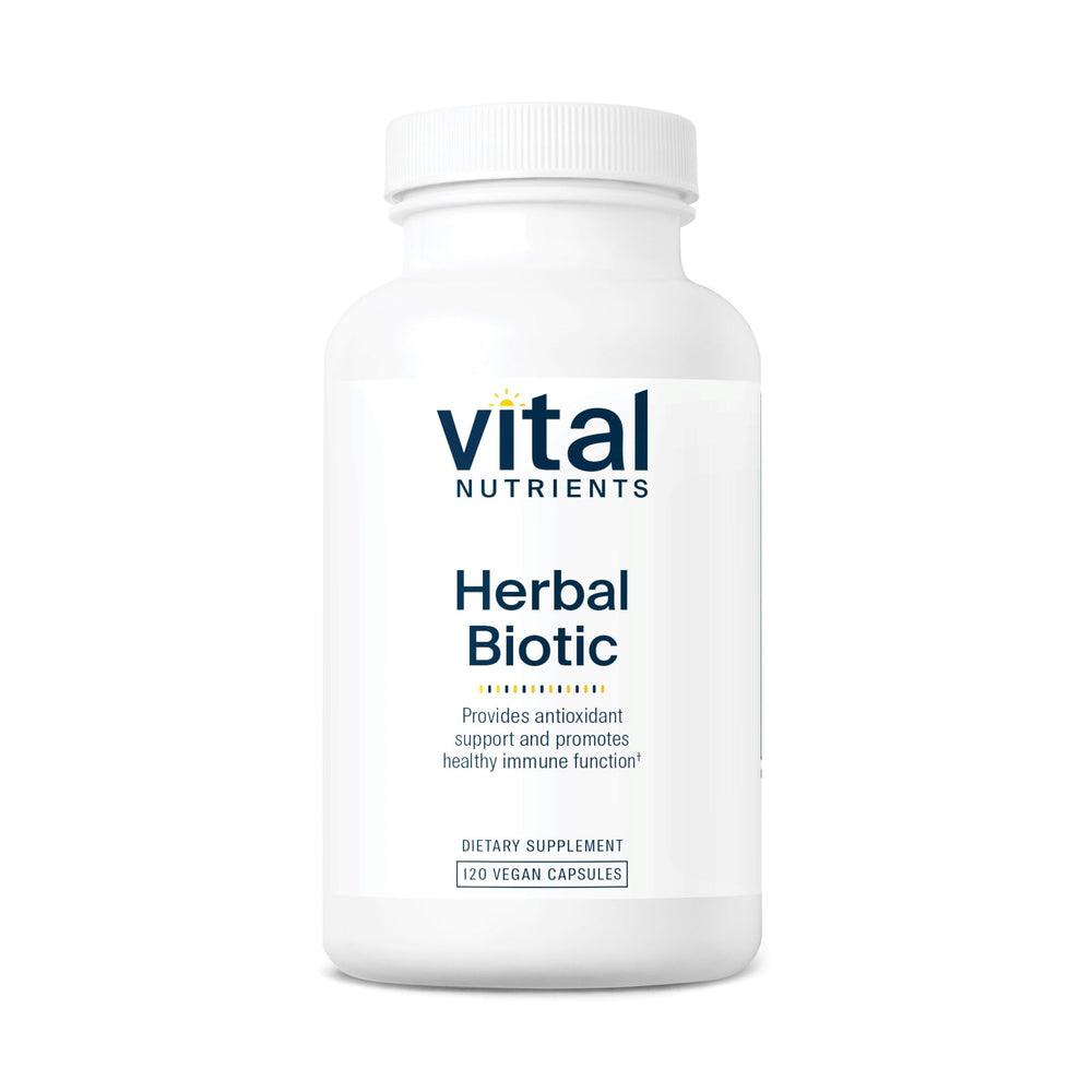 Vital Nutrients Herbal Biotic bottle label highlighting vegan immune support formula.