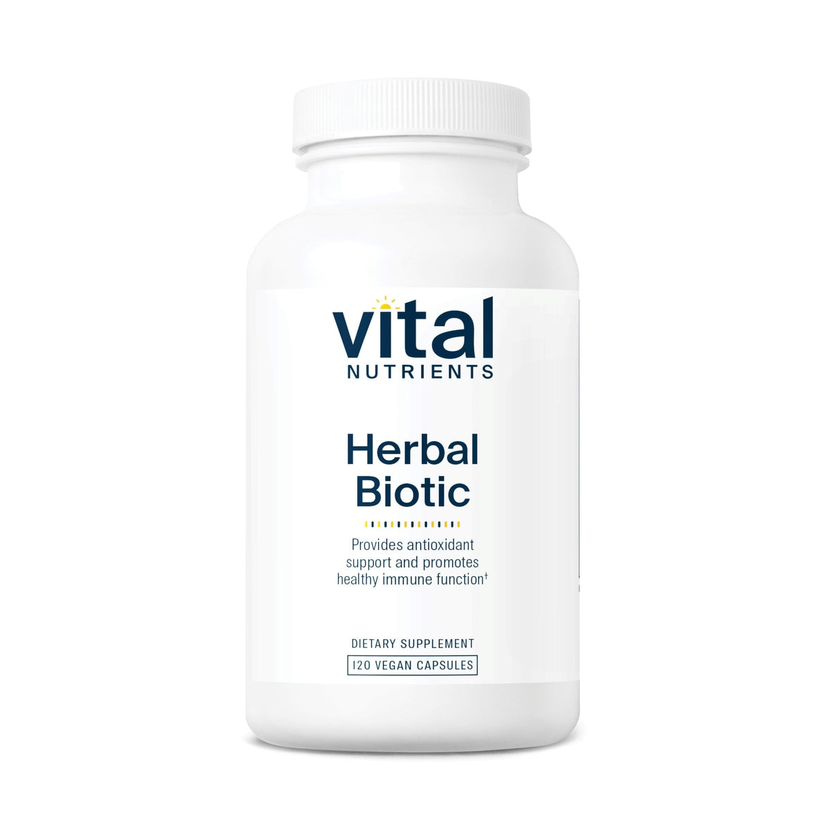 Vital Nutrients Herbal Biotic bottle label highlighting vegan immune support formula.
