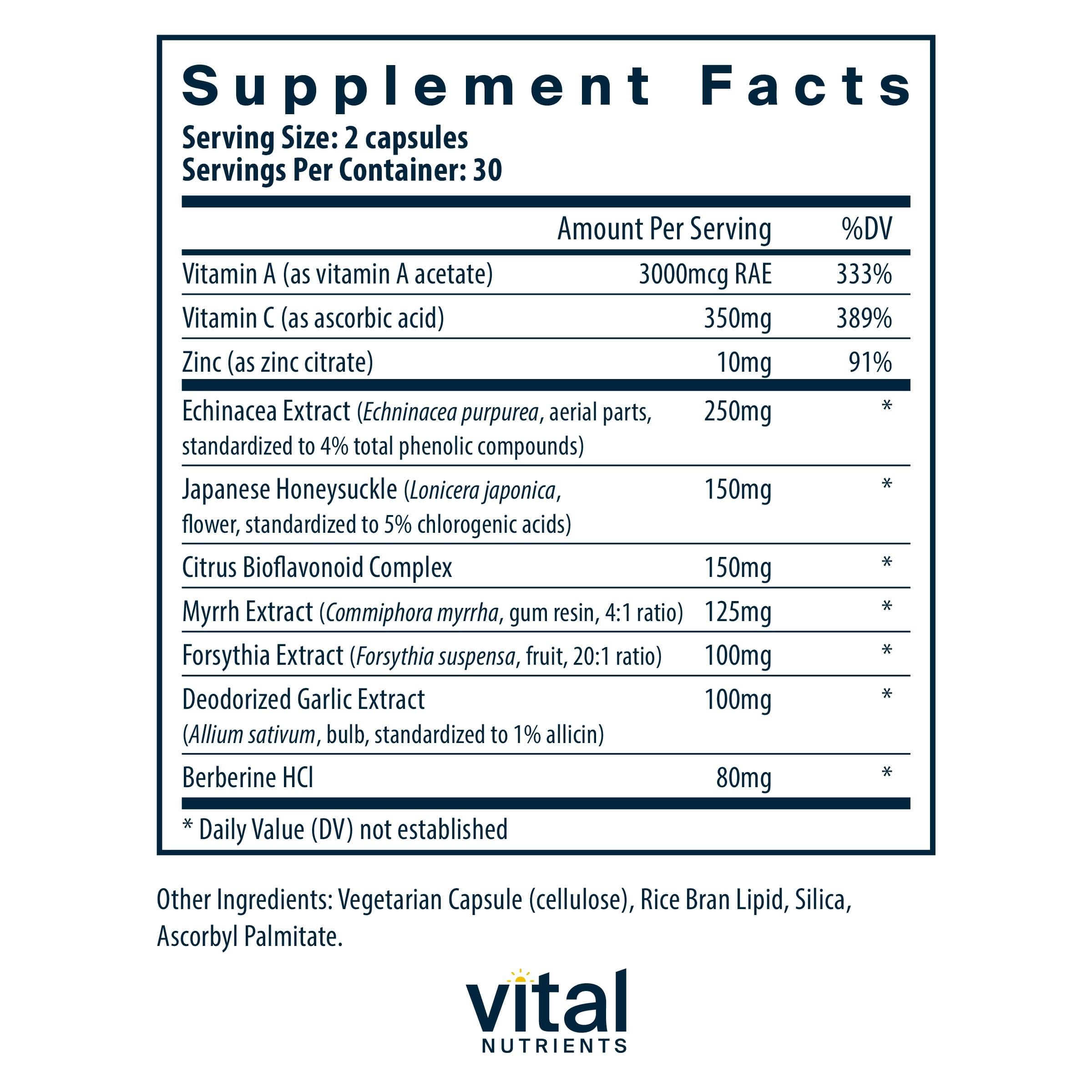 Vital Nutrients Herbal Biotic bottle on shelf shows gluten-free and dairy-free formulation.