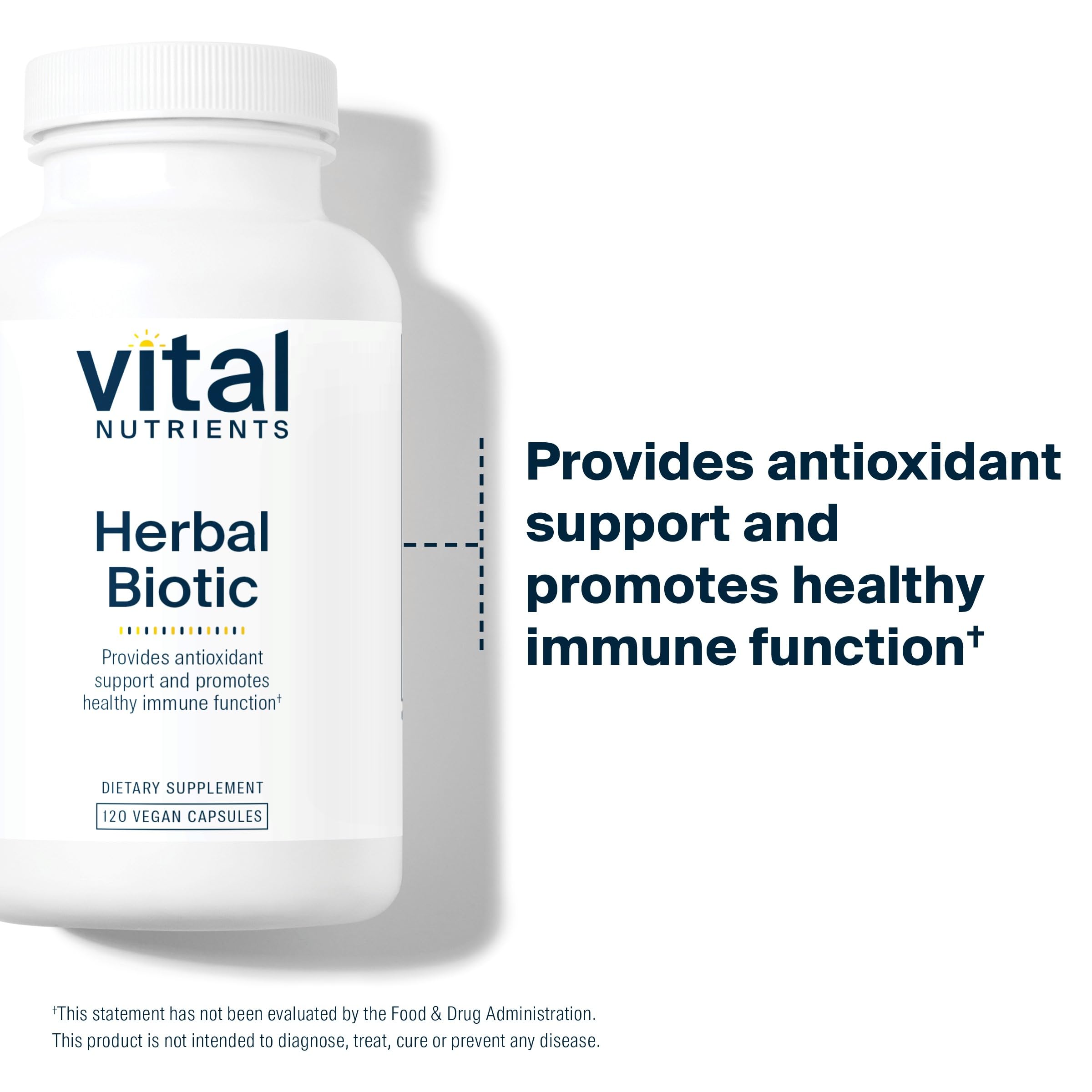 Vital Nutrients Herbal Biotic daily-use scene with capsules on a counter.