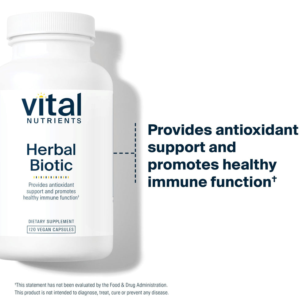 Vital Nutrients Herbal Biotic daily-use scene with capsules on a counter.