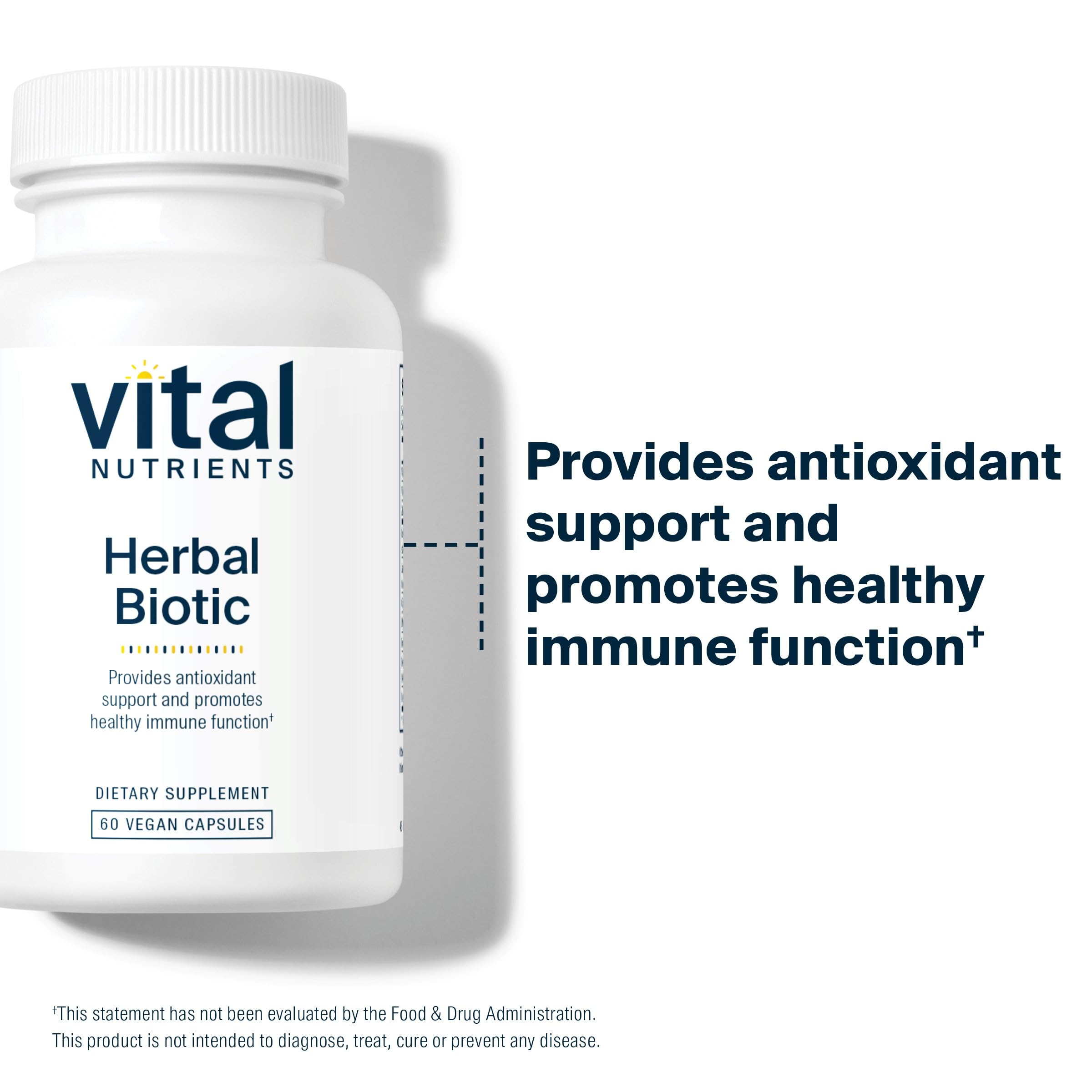 Vital Nutrients Herbal Biotic bottle carries practitioner trust insignia for professional endorsement.