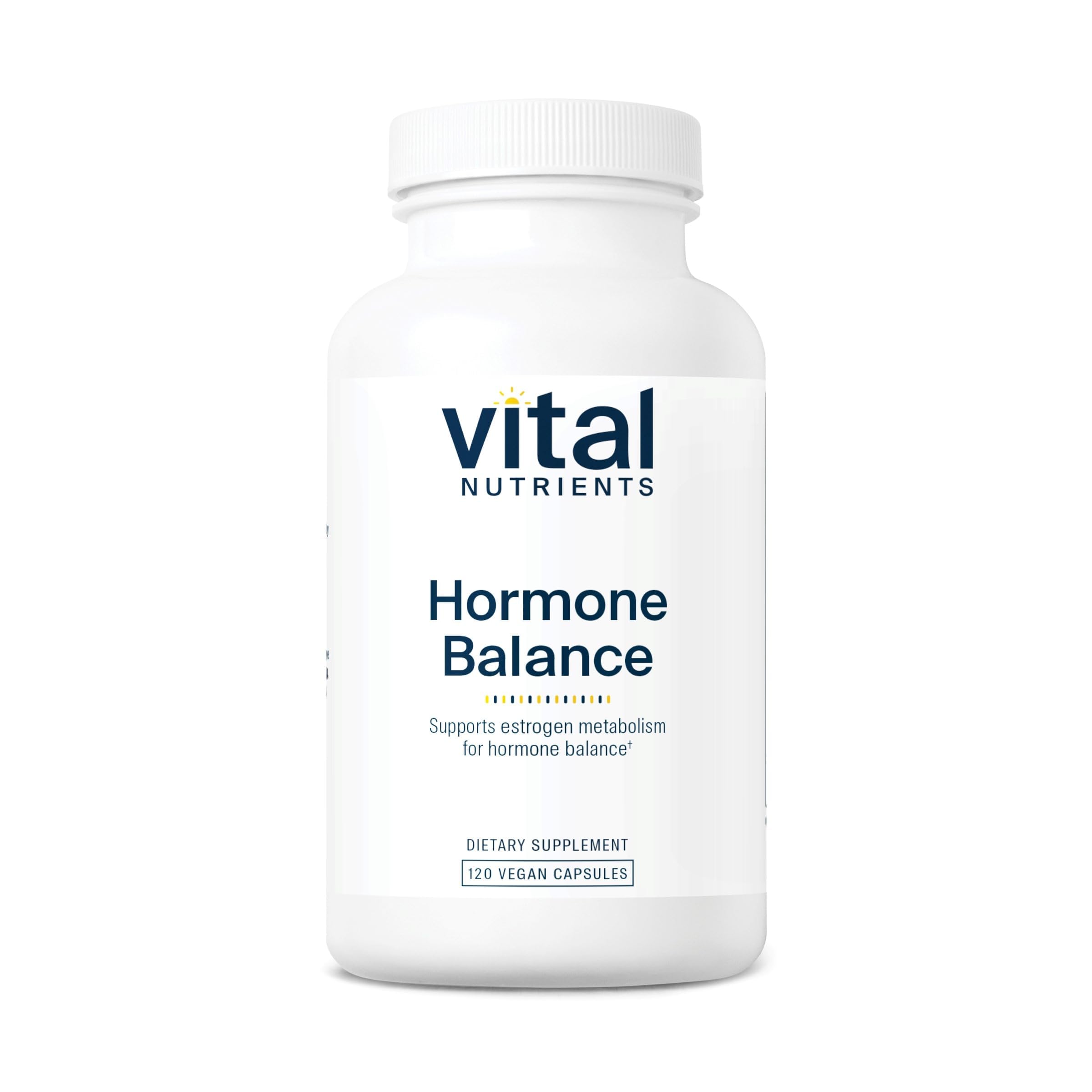 Vital Nutrients Hormone Balance bottle on wood table showing hormone metabolism support