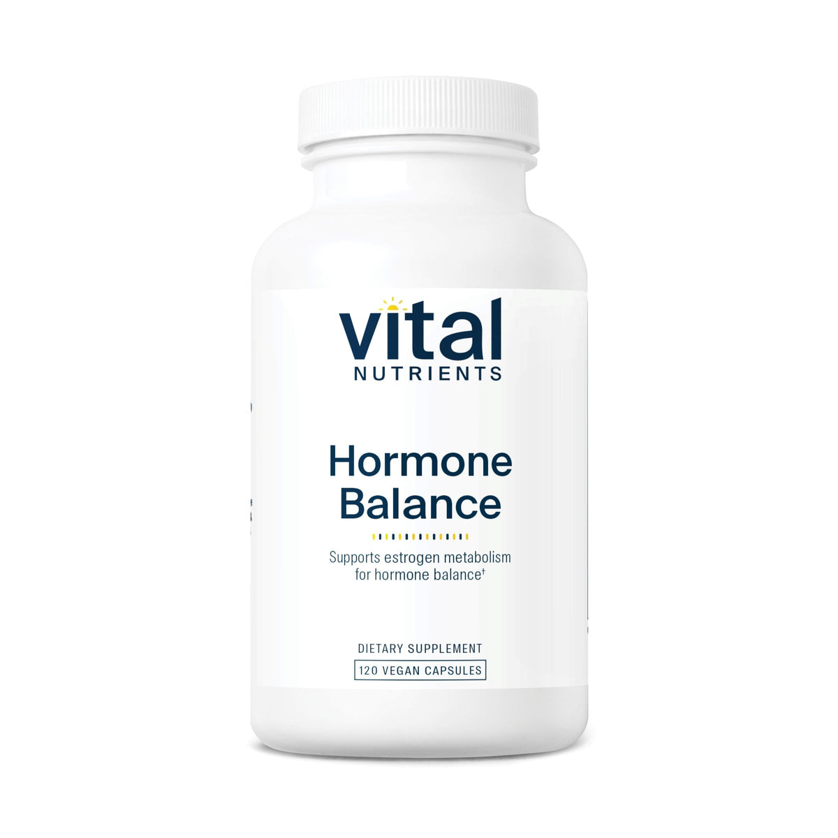 Vital Nutrients Hormone Balance bottle on wood table showing hormone metabolism support