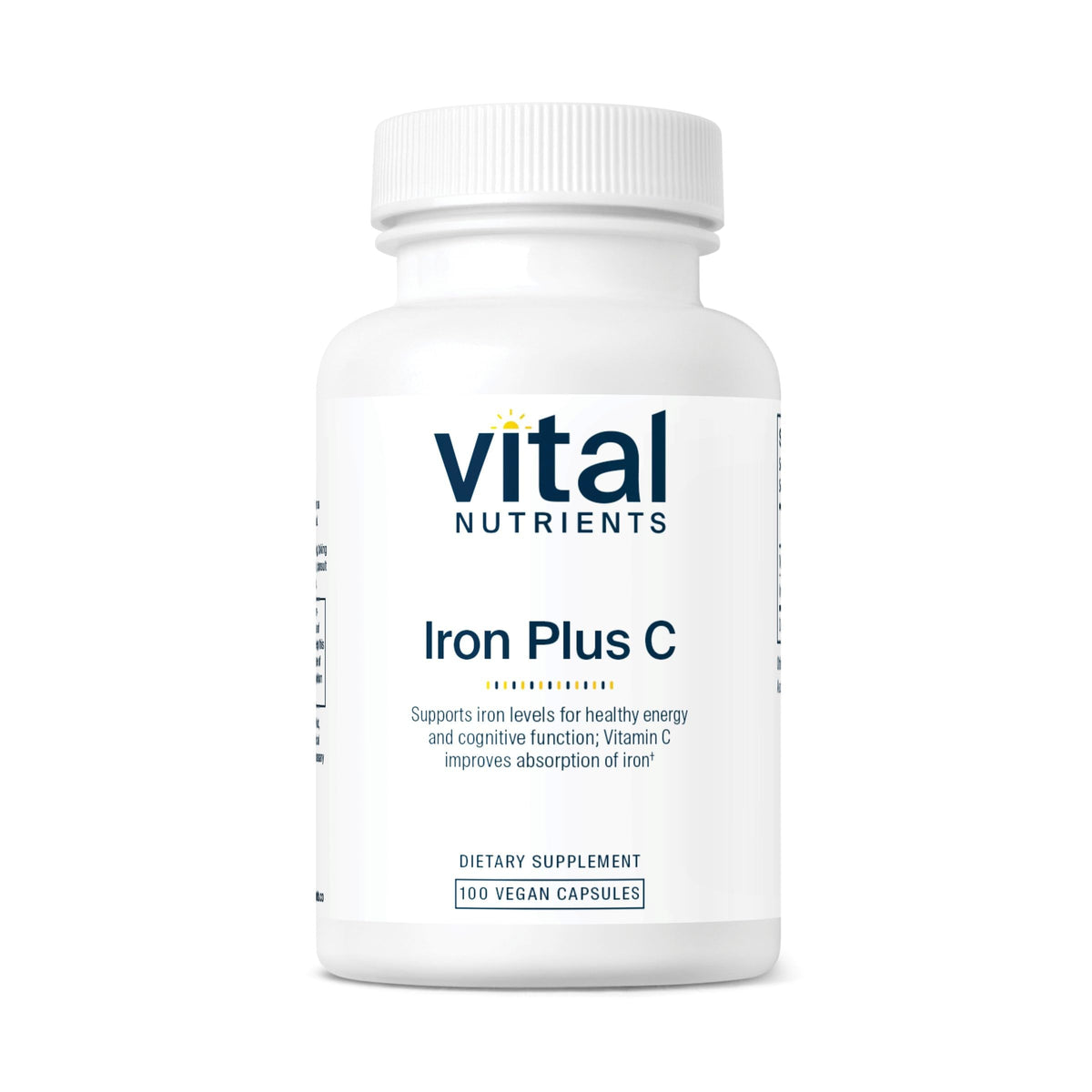 Vital Nutrients Iron Plus C bottle view, vegan iron supplement for daily energy support.