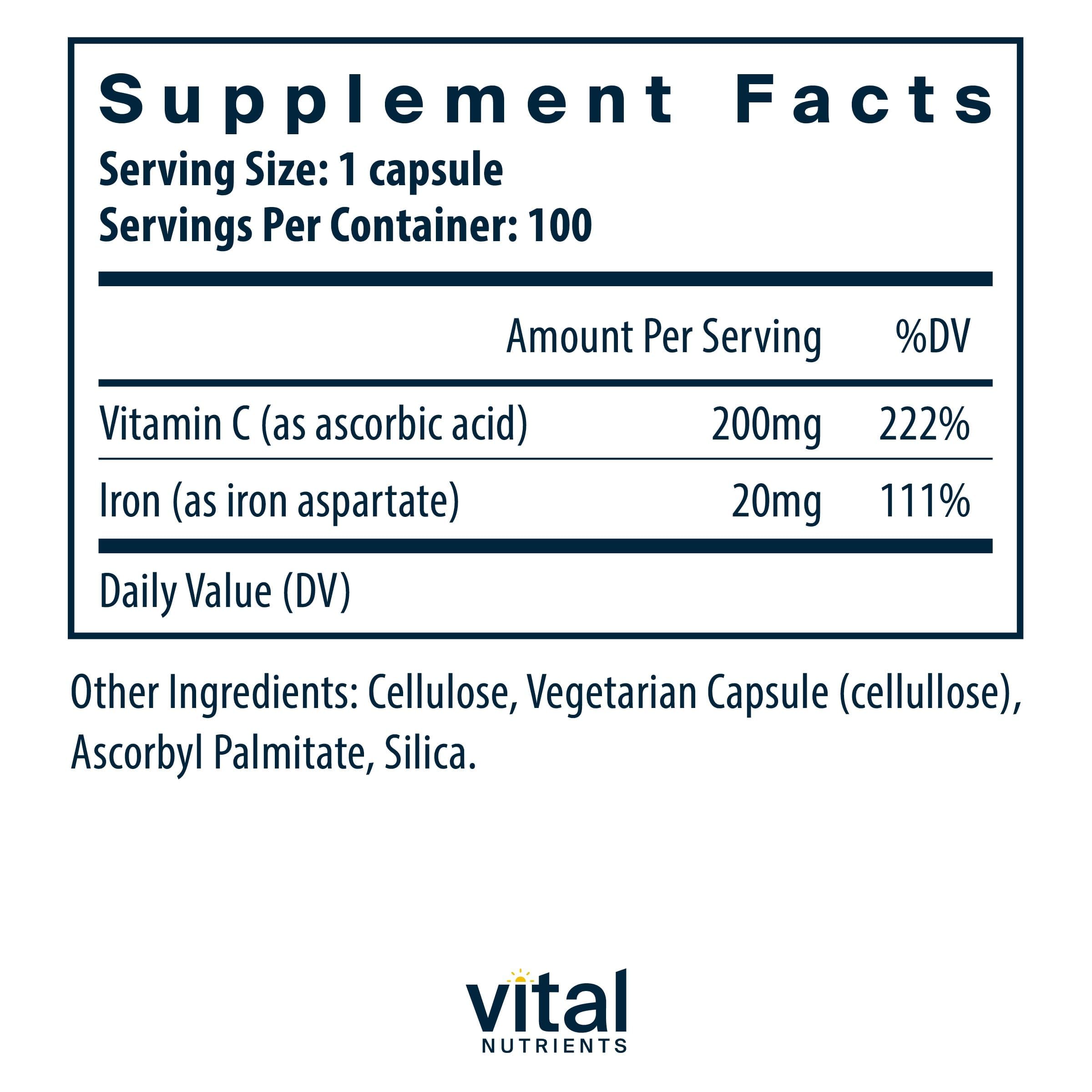 Vital Nutrients Iron Plus C capsules close-up, easy-to-swallow vegan capsules.