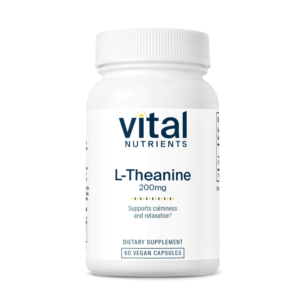 Vital Nutrients L-Theanine 200mg bottle showing premium vegan supplement for stress support.