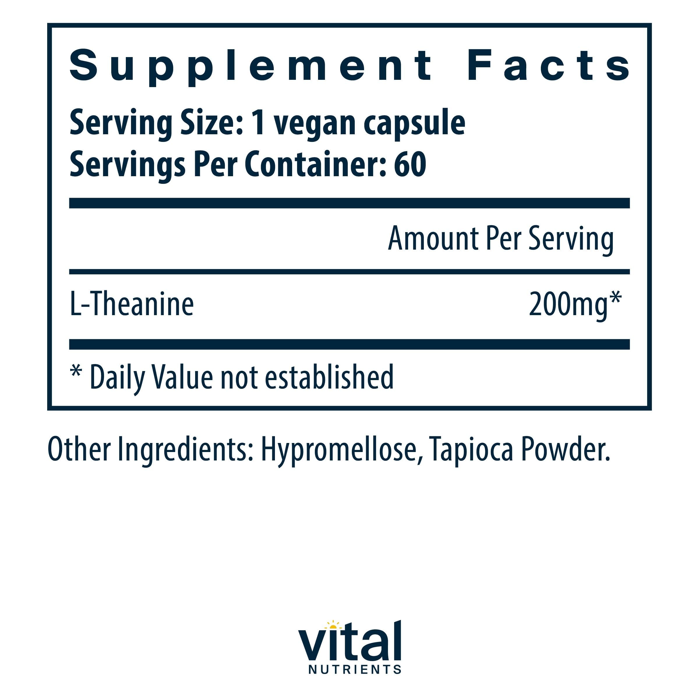 Vital Nutrients L-Theanine capsules support calm focus and mental clarity.