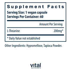 Vital Nutrients L-Theanine capsules support calm focus and mental clarity.
