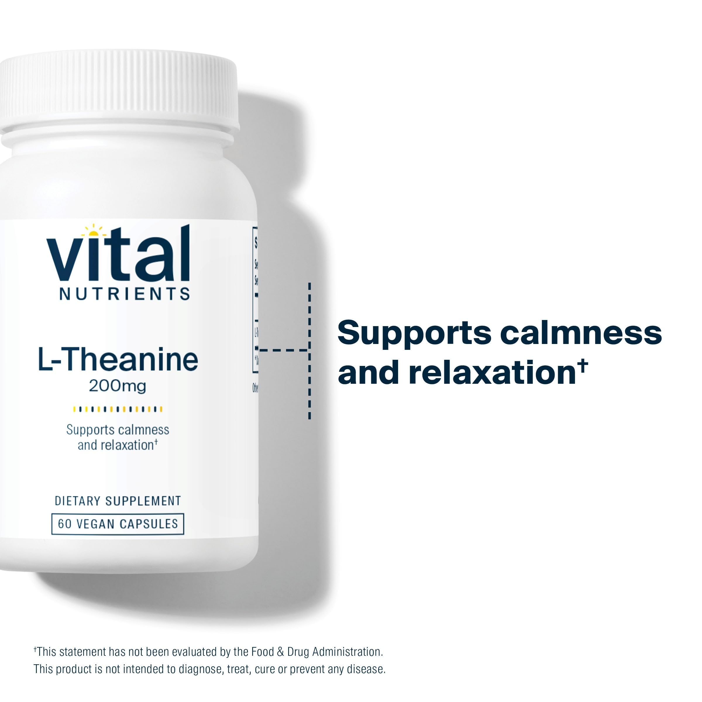 Vital Nutrients L-Theanine label highlights vegan, gluten-free, and allergen-free formula.