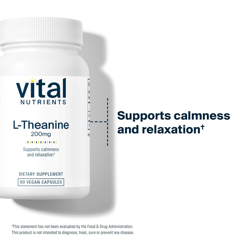 Vital Nutrients L-Theanine label highlights vegan, gluten-free, and allergen-free formula.