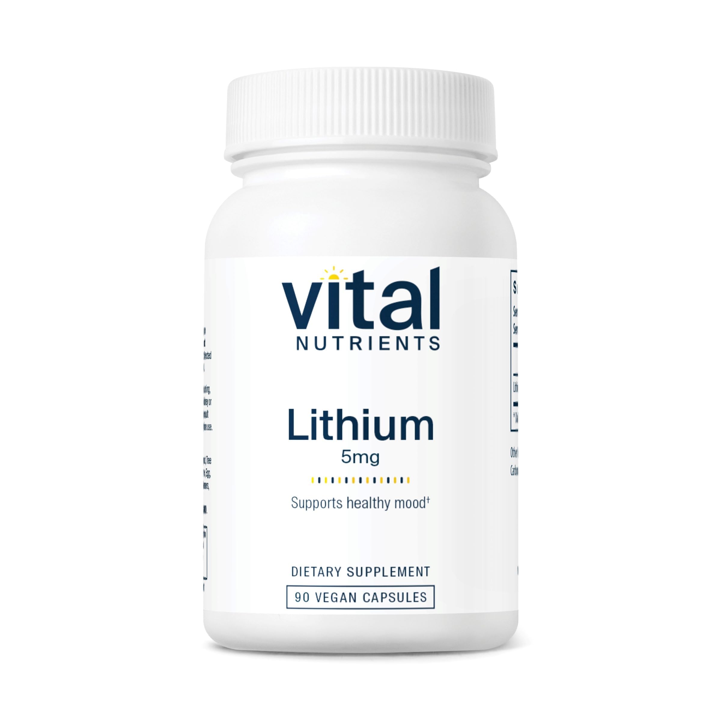 Vital Nutrients Lithium Orotate bottle label shows vegan, allergen-free promise for balanced mood.