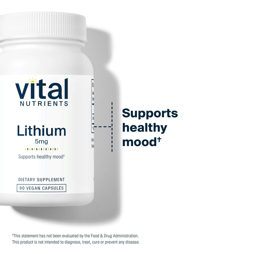 Vital Nutrients lithium orotate bottle on wood illustrates a simple daily routine.