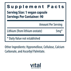 Vital Nutrients lithium orotate capsules close-up highlighting 5 mg per serving for daily support.