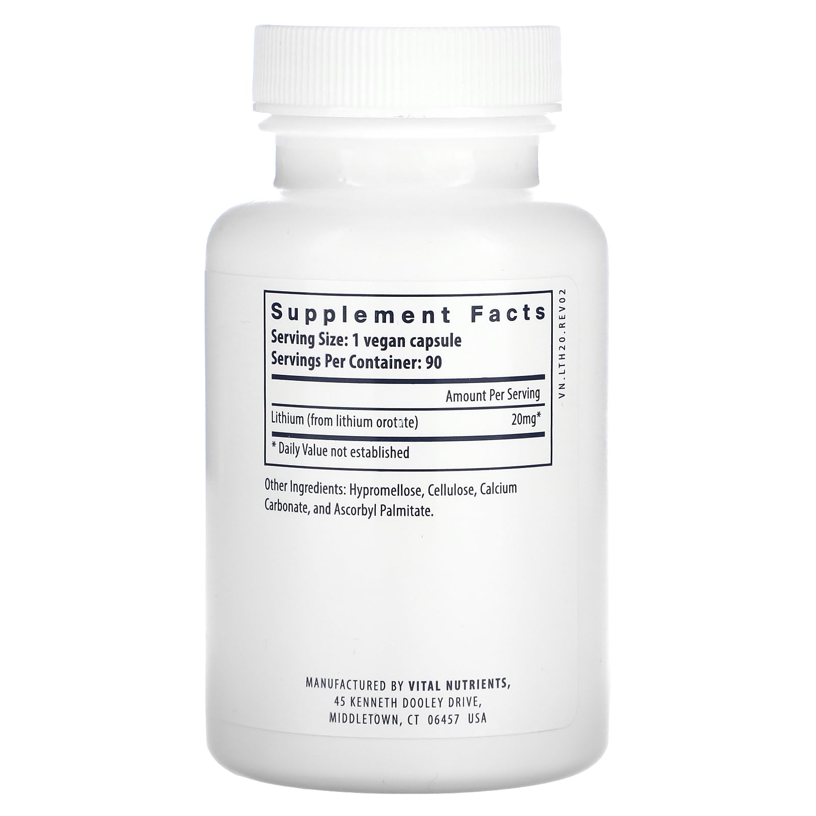 Vital Nutrients Lithium Orotate capsules close-up highlighting vegan, clean-label supplement for daily use.
