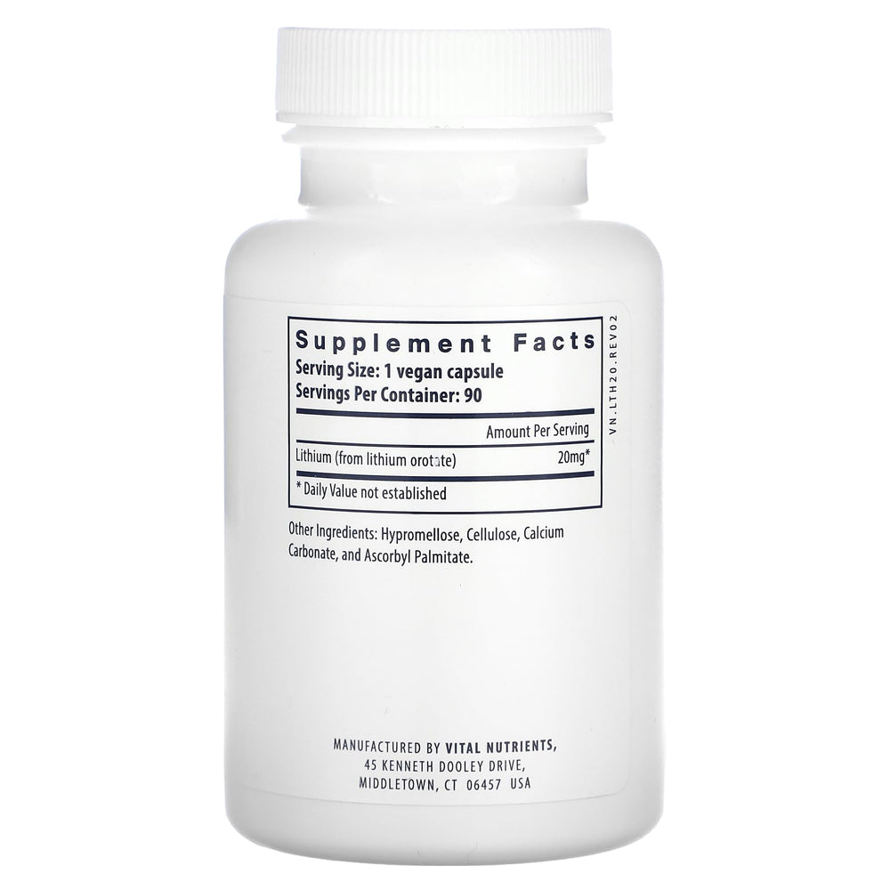 Vital Nutrients Lithium Orotate capsules close-up highlighting vegan, clean-label supplement for daily use.