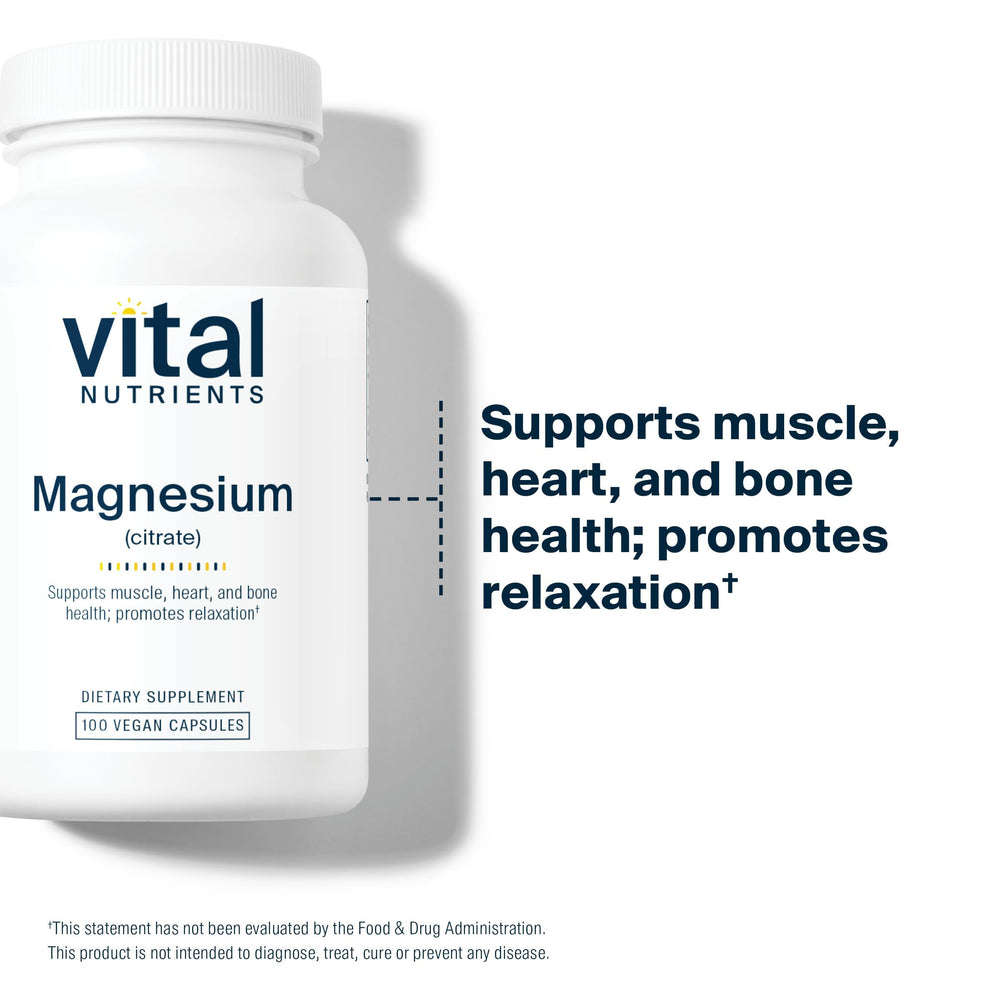 Vital Nutrients Magnesium Citrate 150mg bottle beside glass of water for daily routine