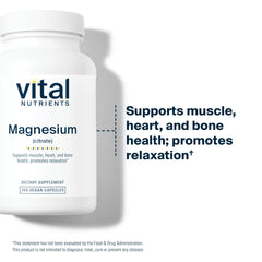 Vital Nutrients Magnesium Citrate 150mg bottle beside glass of water for daily routine