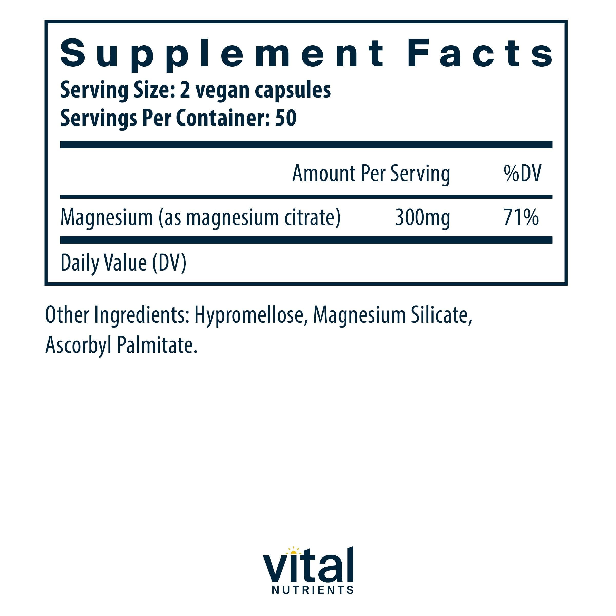 Vital Nutrients Magnesium Citrate capsules close-up showing easy-to-swallow formula