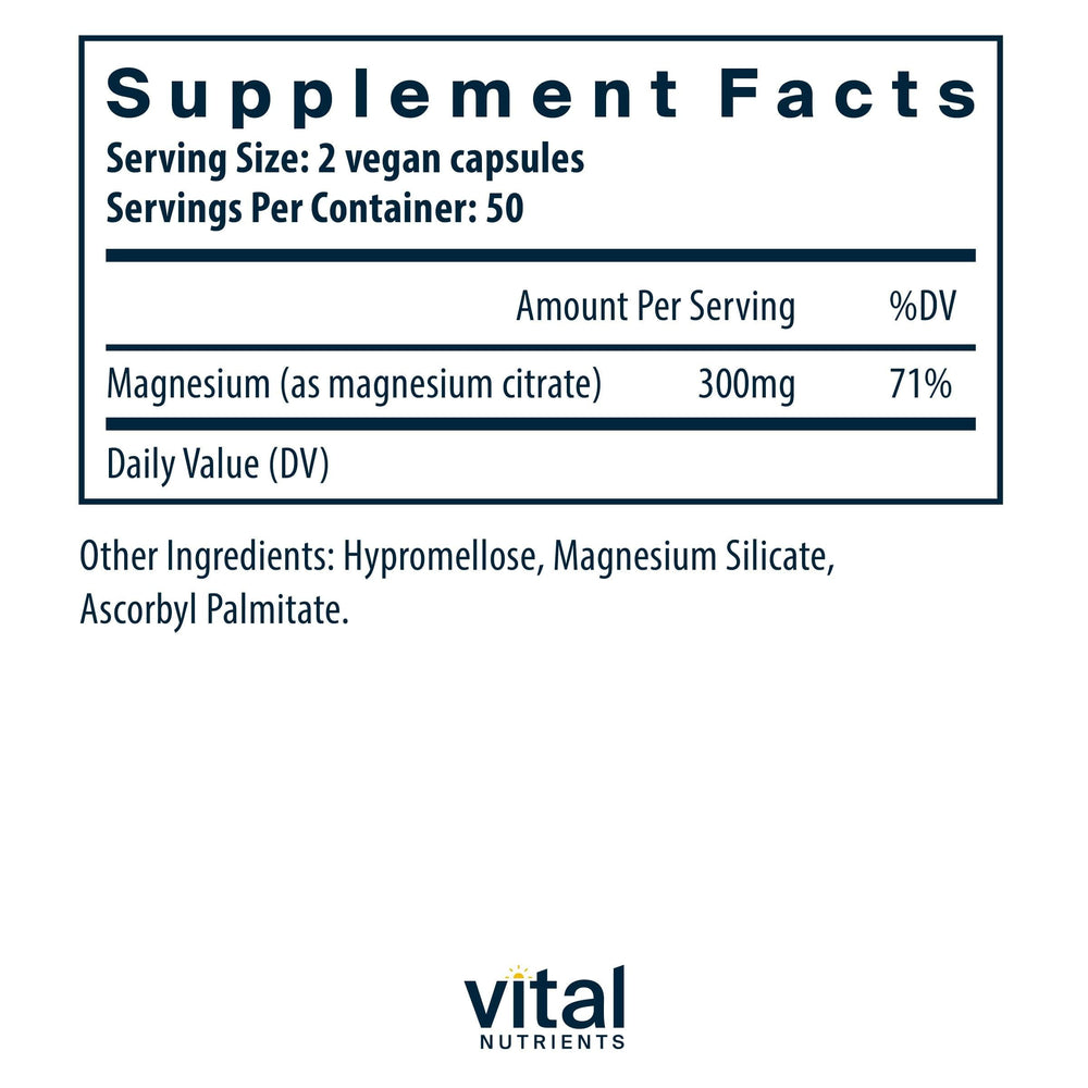 Vital Nutrients Magnesium Citrate capsules close-up showing easy-to-swallow formula