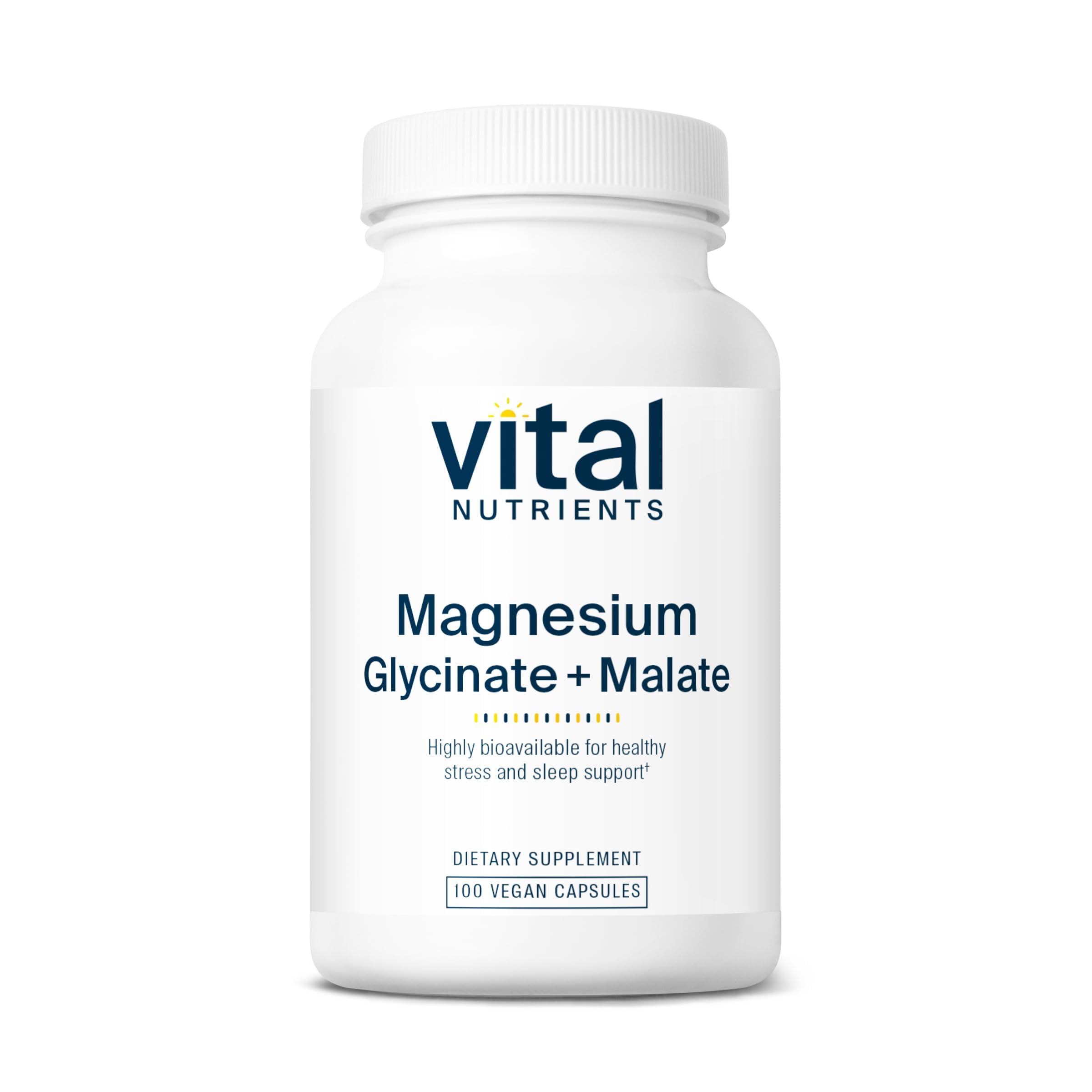 Vital Nutrients Magnesium Glycinate + Malate bottle front for relaxing daily magnesium support
