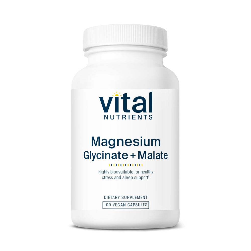 Vital Nutrients Magnesium Glycinate + Malate bottle front for relaxing daily magnesium support