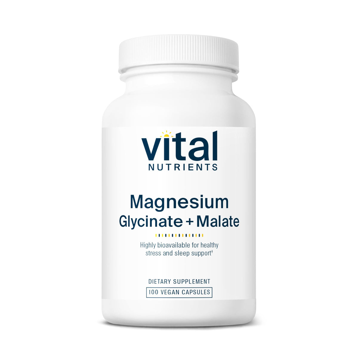 Vital Nutrients Magnesium Glycinate + Malate bottle front for relaxing daily magnesium support