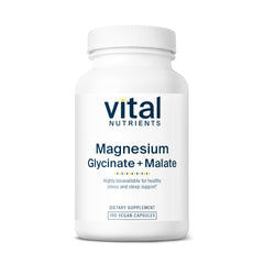Vital Nutrients Magnesium Glycinate + Malate bottle front for relaxing daily magnesium support