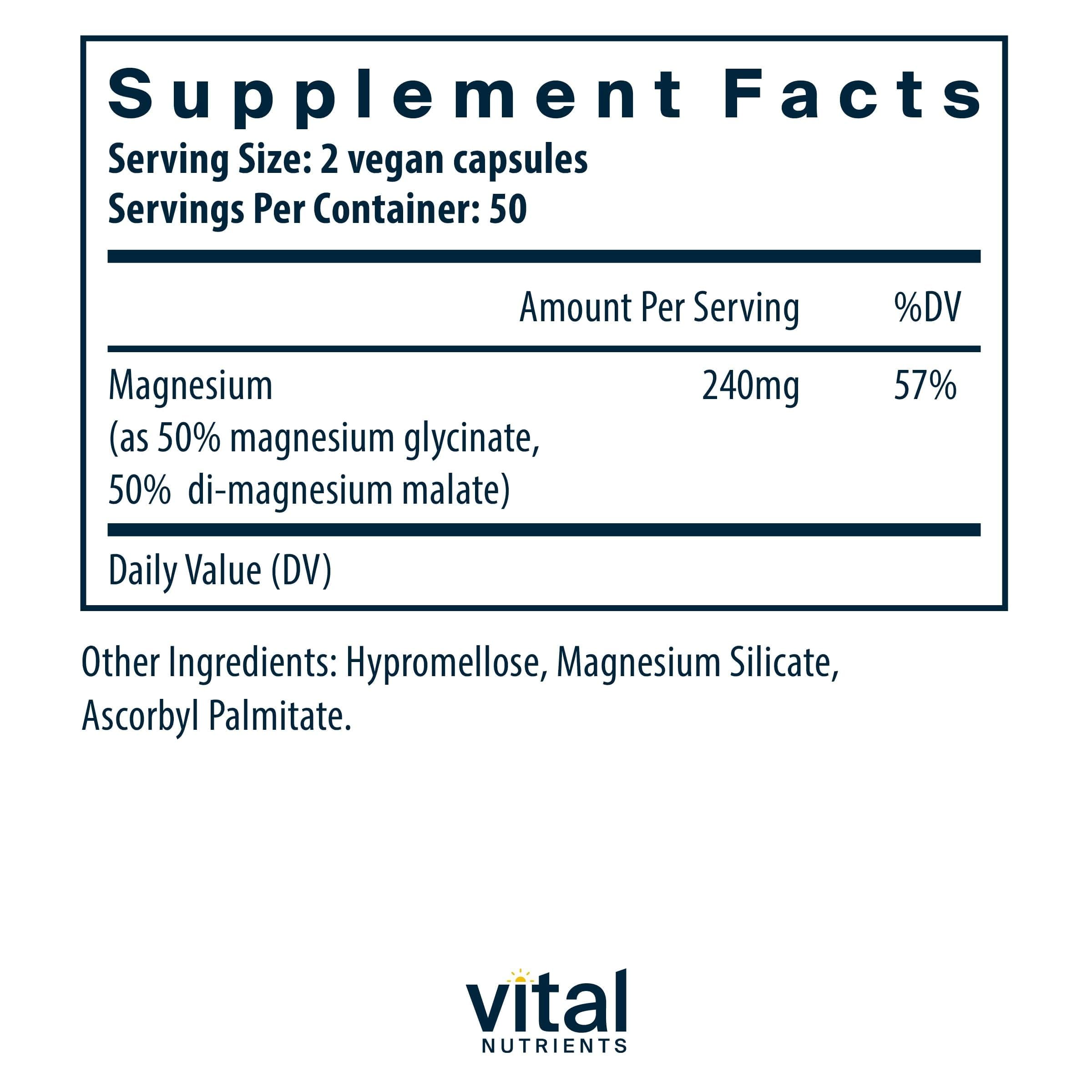 Vital Nutrients magnesium capsules closeup showing easy-to-swallow vegan capsules for gentler digestion