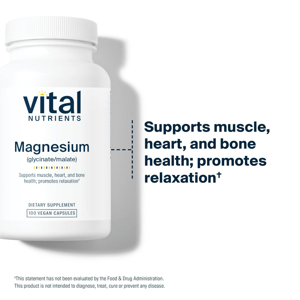Vital Nutrients Magnesium Glycinate + Malate label highlighting gluten-free, allergen-conscious formula