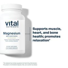 Vital Nutrients Magnesium Glycinate + Malate label highlighting gluten-free, allergen-conscious formula
