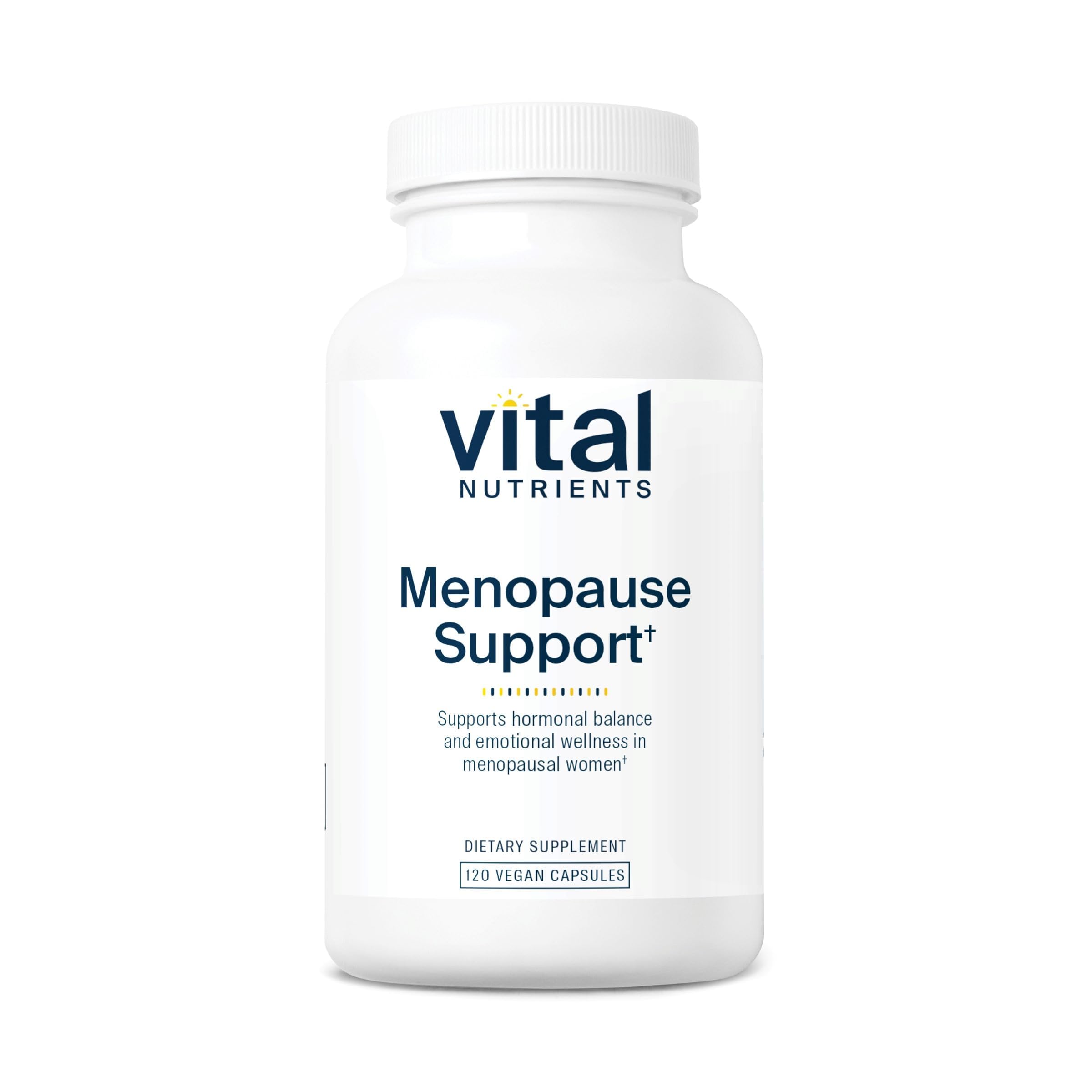 Vital Nutrients Menopause Support bottle pour, highlighting easy-to-take daily capsules.